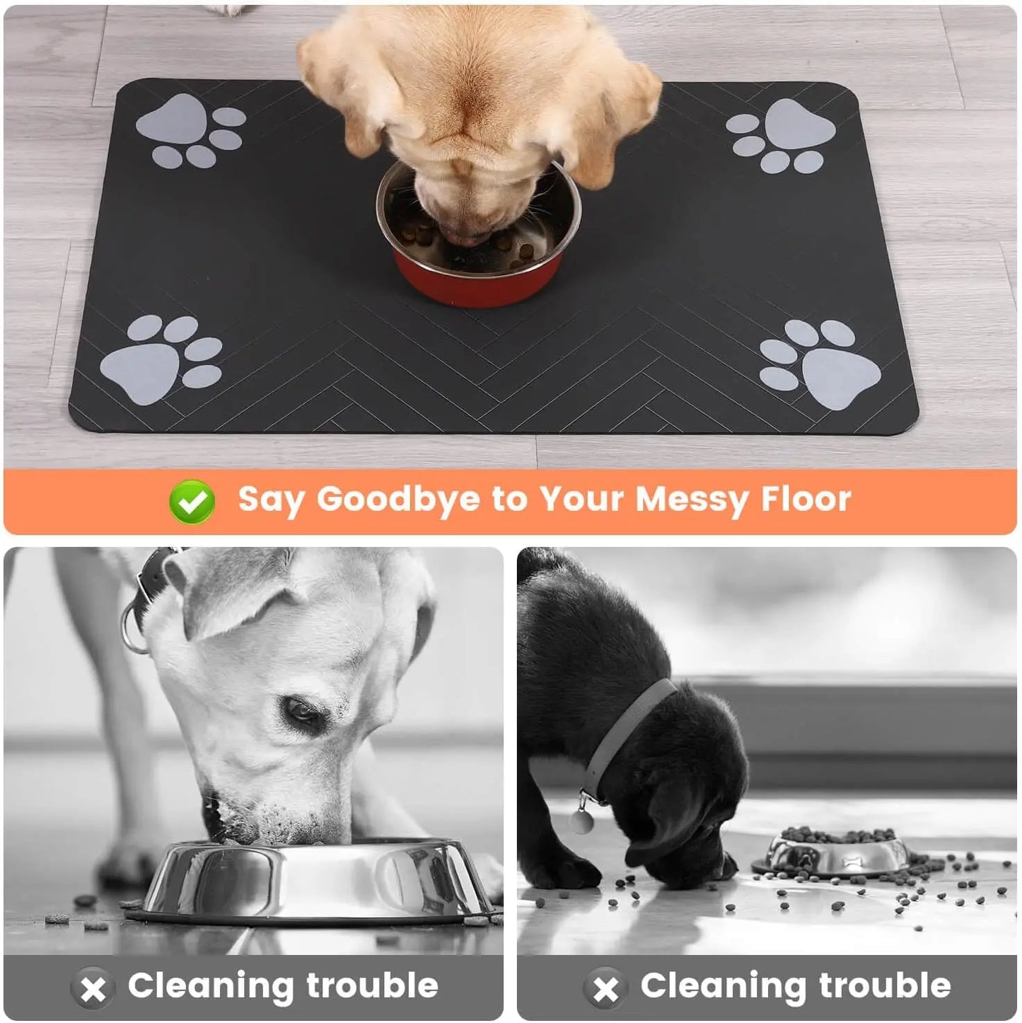 Absorbent Pet Feeding Mat with Waterproof Rubber Backing - Quick Dry Placemat for Food and Water Bowls, Striped Dark Gray (12" x 20")