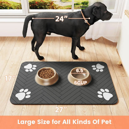 Absorbent Pet Feeding Mat with Waterproof Rubber Backing - Quick Dry Placemat for Food and Water Bowls, Striped Dark Gray (12" x 20")