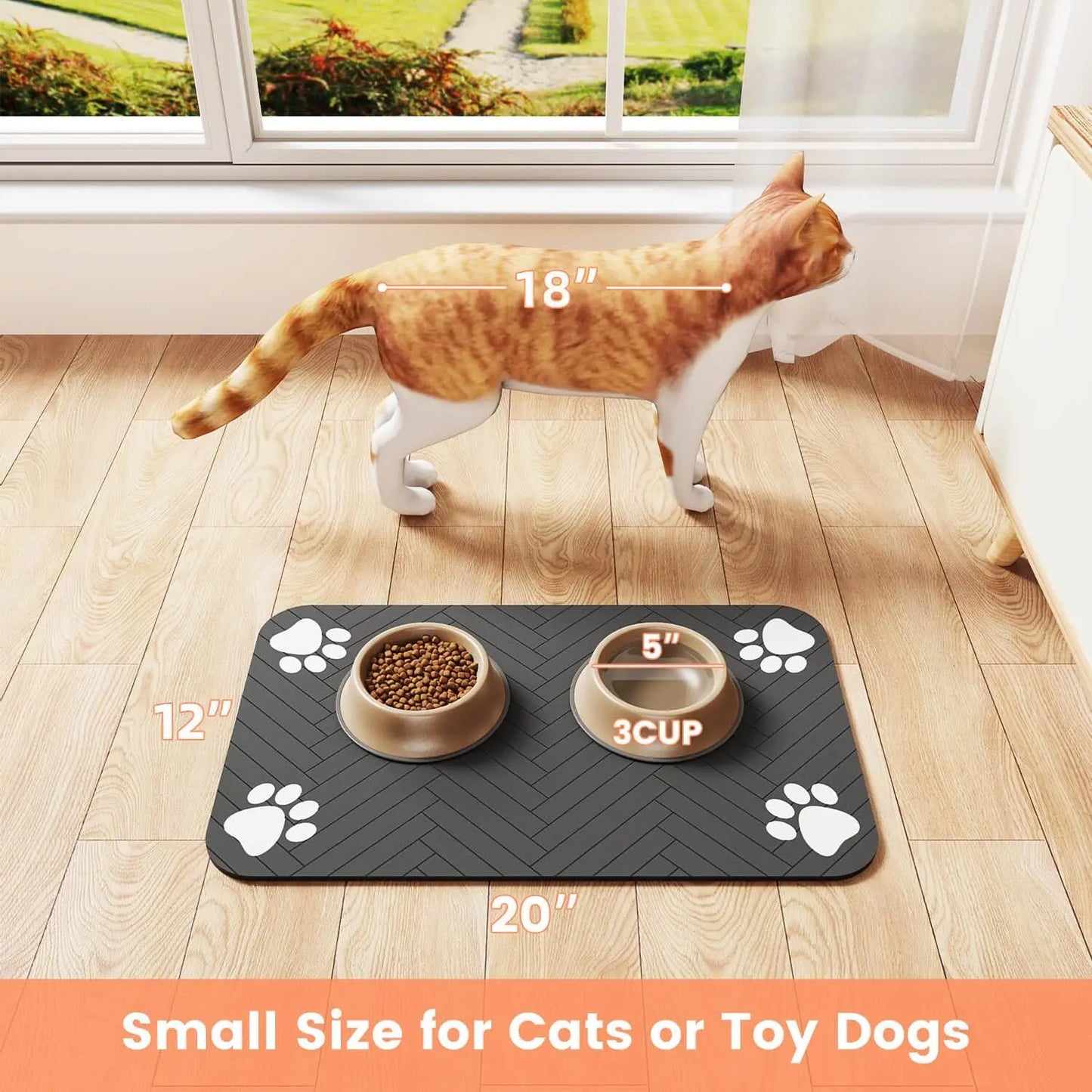 Absorbent Pet Feeding Mat with Waterproof Rubber Backing - Quick Dry Placemat for Food and Water Bowls, Striped Dark Gray (12" x 20")