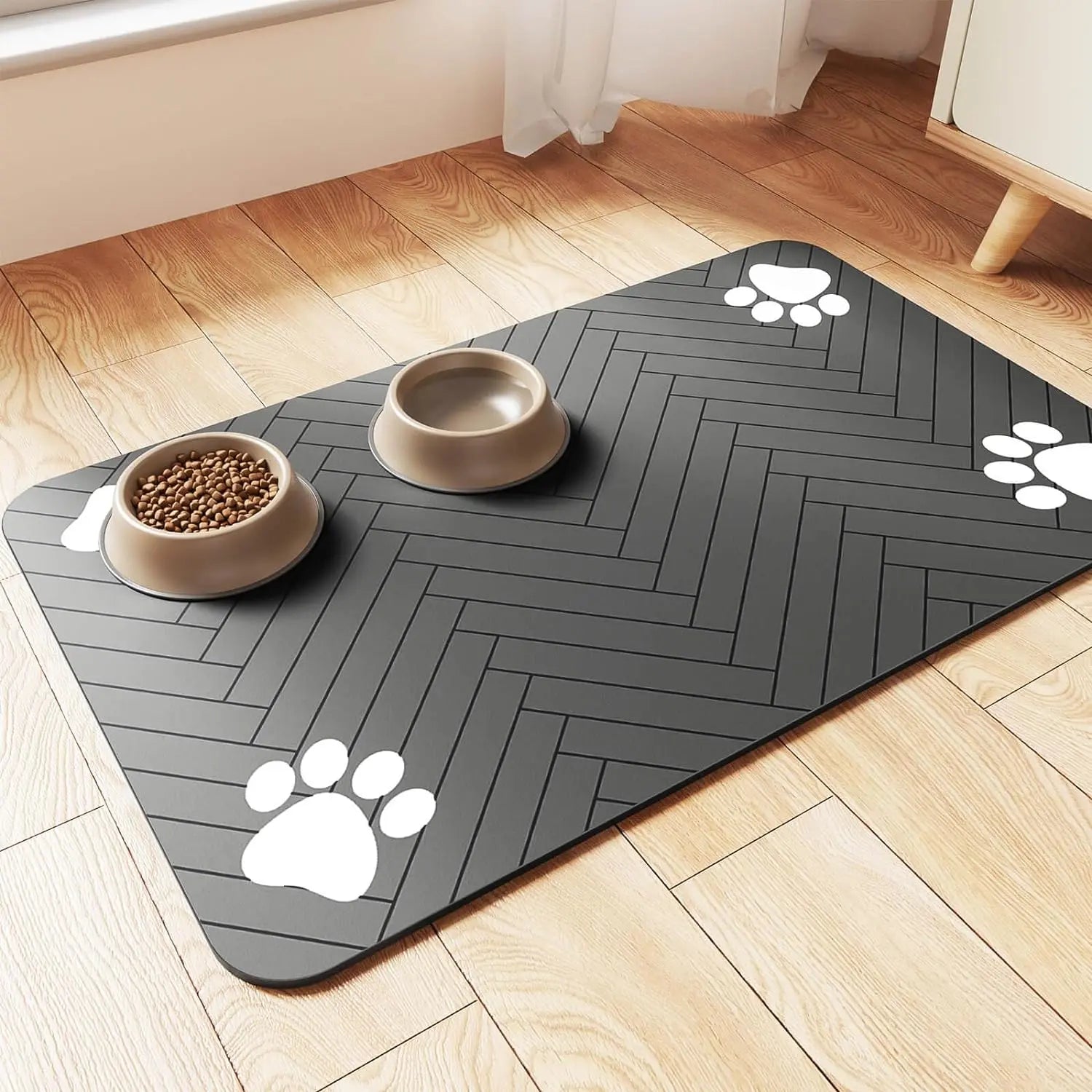 Absorbent Pet Feeding Mat with Waterproof Rubber Backing - Quick Dry Placemat for Food and Water Bowls, Striped Dark Gray (12" x 20")