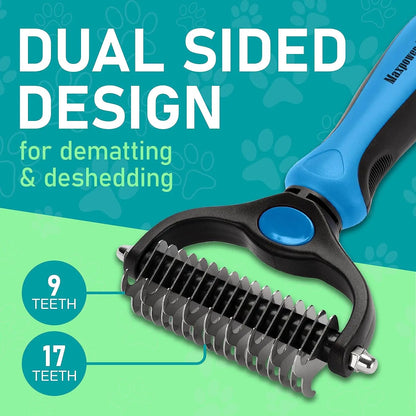 Professional Pet Deshedding Brush - Double-Sided Undercoat Rake for Dogs and Cats - Shedding Comb and Dematting Tool for Grooming, Extra Wide